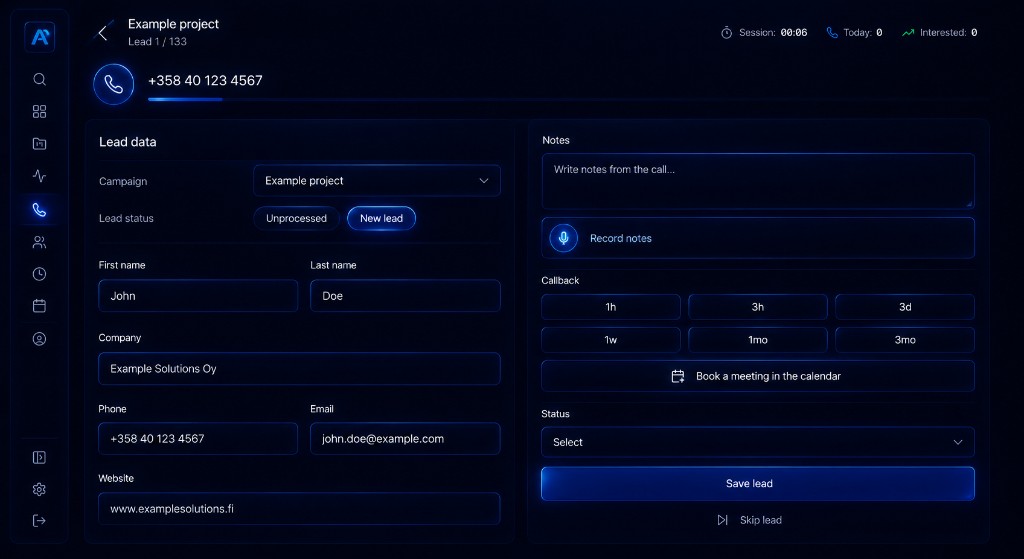 FEIM Sales mobile dialer calling from a lead card